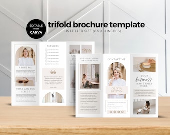 Business Trifold Brochure Template, Two Sided Trifold Pamphlet, Editable Canva Template, Coach, Therapist, Instant Download, Neutral SS002