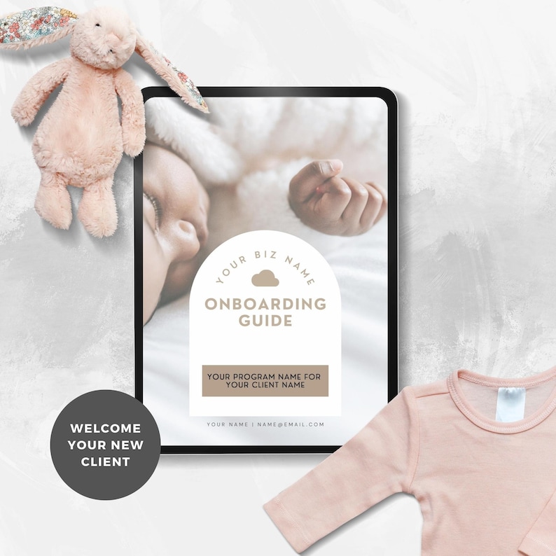May include: A digital onboarding guide for new clients, with a pink baby in the background. The guide has a white cloud with the text "YOUR BIZ NAME" and "ONBOARDING GUIDE".