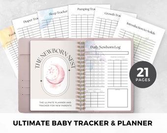 May include: A pink and gold baby tracker and planner with the title "The Newborn Nest: The Ultimate Planner and Tracker for New Parents". The planner has 21 pages and includes sections for daily newborn log, diaper changes, feeding schedule, sleep schedule, and notes.