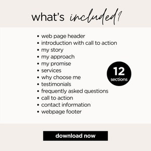 Może przedstawiać: Kremowa grafika z tekstem &bdquo;what's included?&rdquo; i listą 12 sekcji strony internetowej. Czarny okrąg wyświetla &bdquo;12 sections&rdquo;. Poniżej czarny prostokąt z napisem &bdquo;download now&rdquo;.