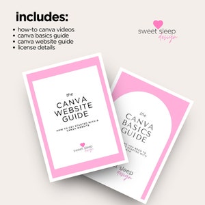 Może przedstawiać: Dwa biało-r&oacute;żowe przewodniki Canva z tytułami "The Canva Website Guide" i "The Canva Basics Guide". Przewodniki mają r&oacute;żową obw&oacute;dkę i tekst "sweet sleep design". Obraz zawiera r&oacute;wnież listę dołączonych element&oacute;w.