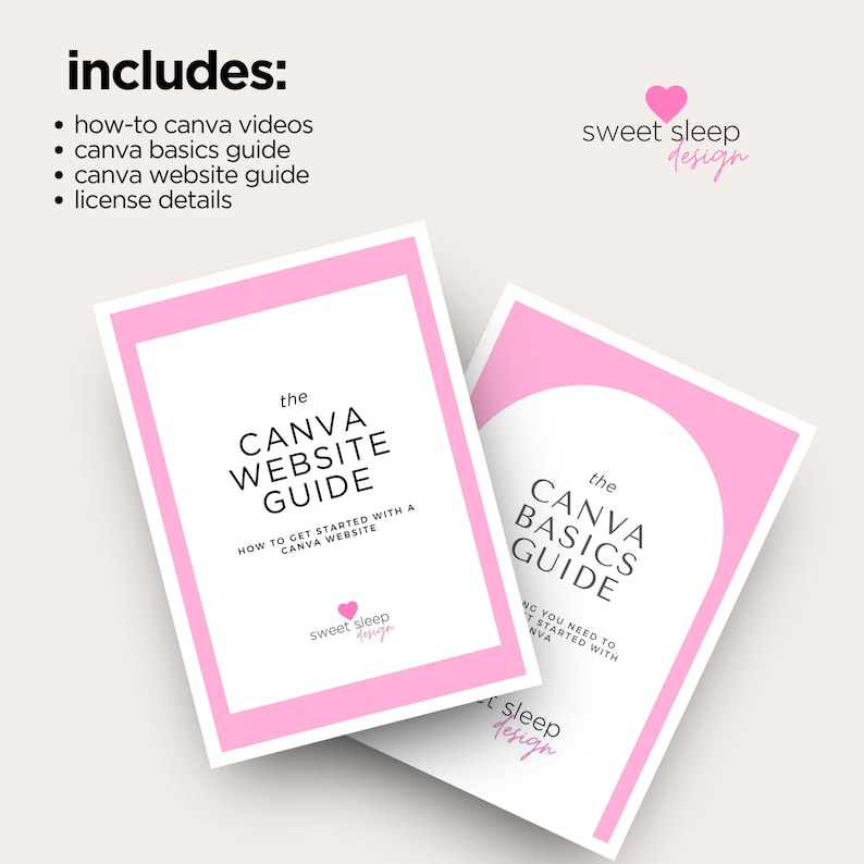 Może przedstawiać: Dwa biało-r&oacute;żowe przewodniki Canva z tytułami "The Canva Website Guide" i "The Canva Basics Guide". Przewodniki mają r&oacute;żową obw&oacute;dkę i tekst "sweet sleep design". Obraz zawiera r&oacute;wnież listę dołączonych element&oacute;w.