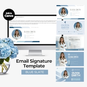 May include: A computer screen shows an email signature template with the name "Olivia Smith" and the title "Team Leader." The design incorporates blue and white elements. The text "Email Signature Template" and "Blue Slate" are also displayed.