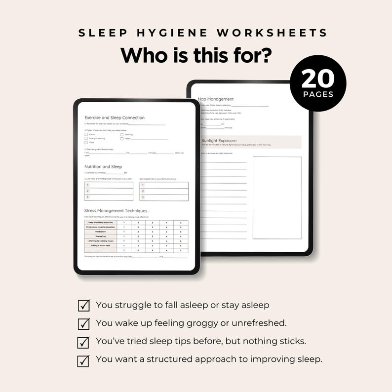If you struggle to fall asleep or stay asleep, you wake up feeling groggy or unrefreshed, you've tried sleep tips before and nothing sticks, you want a structured approach to improving sleep. This worksheet bundle is for you! 20 pages in total. Includes Exercise and Sleep Connection, Nutrition and Sleep, Nap Management (tips on napping), and sunlight exposure.
