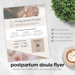 Peut inclure: Un modèle de flyer imprimable pour une doula post-partum en format A4 et lettre. Le flyer présente une photo d'une mère et de son bébé, et comprend des informations sur les services proposés, tels que le soutien émotionnel et physique, les soins aux nouveau-nés et l'aide ménagère. Le flyer comprend également un code QR pour un accès facile à plus d'informations.