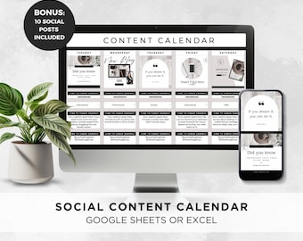 May include: A computer screen displaying a content calendar template with a social media post layout for each day of the week. The template includes a variety of post types, such as educational, inspirational, and promotional. The screen is next to a smartphone displaying a similar social media post layout. The text on the screen reads "Content Calendar" and "Social Content Calendar".