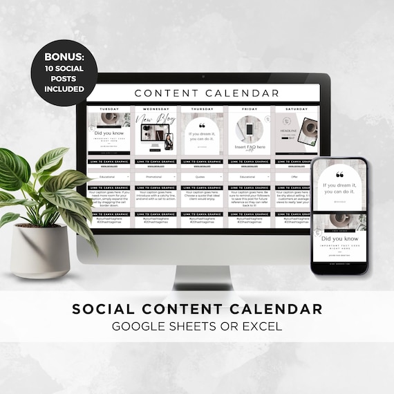Social Media Content Calendar Google Sheets, Simple Planner Template for Excel, Digital Download for Small Business, Realtor, Creators, Edit