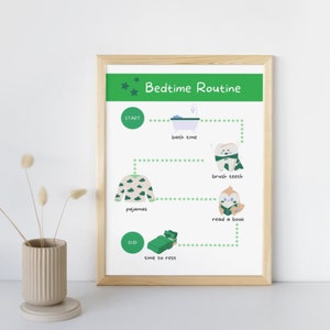 May include: A green and white printable chart with the text "Bedtime Routine" and illustrations of a bathtub, toothbrush, pyjamas, a book, and a bed. The chart shows a step-by-step routine for bedtime.