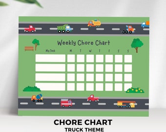 May include: A green and black printable chore chart with a truck theme. The chart has a grid with days of the week labeled M, T, W, T, F, S, S. The chart has a section for "My Task" and is decorated with colorful trucks and trees.