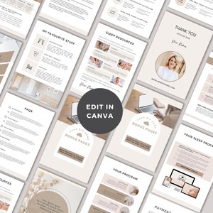 May include: A digital marketing kit for a sleep consultant business. The kit includes a variety of templates for social media, website, and email marketing. The templates are designed in a neutral colour palette with a modern aesthetic. The kit includes a thank you page, a program overview, a sleep resources page, a FAQ page, and a bonus pages section.