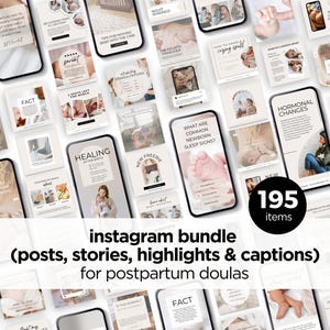 Peut inclure: Une collection de 195 modèles de publications, d'histoires et de mises en avant Instagram pour les doulas post-partum. Les modèles présentent une variété de sujets liés aux soins post-partum, tels que l'allaitement, le sommeil et les changements hormonaux. Les modèles sont conçus dans un style minimaliste avec une palette de couleurs neutres.