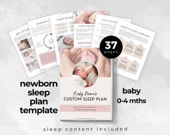 Könnte beinhalten: Ein rosa-weißer digitaler Download für eine Baby-Schlafplan-Vorlage. Das Cover zeigt ein schlafendes Baby in den Armen eines Elternteils. Der Text auf dem Cover lautet "Baby Name's Custom Sleep Plan". Der Text unter dem Cover lautet "Ihr individuelles Programm für die Schlafumstellung des Neugeborenen". Der Text am unteren Rand des Bildes lautet "Schlaf-Inhalte enthalten".