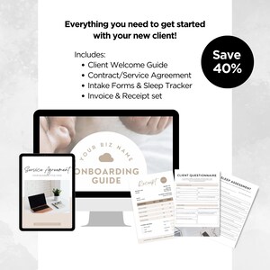 May include: A digital onboarding guide for new clients, with a computer screen showing the title "Your Biz Name Onboarding Guide", and a tablet showing a service agreement. The guide includes a client welcome guide, contract/service agreement, intake forms, sleep tracker, and invoice and receipt set. Save 40% on this digital onboarding guide.