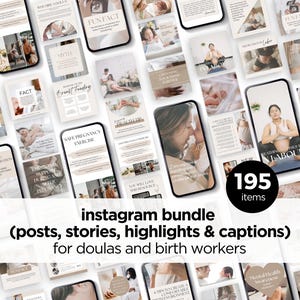 Könnte beinhalten: Eine Collage aus 195 Instagram-Vorlagen für Posts, Stories und Highlights für Doulas und Geburtshelfer. Die Vorlagen zeichnen sich durch eine neutrale Farbpalette mit Beige- und Brauntönen aus. Der Text auf den Vorlagen enthält Sätze wie "Sicheres Schwangerschafts-Training", "Fun Fact", "In der Wehen" und "Bewusstsein für psychische Gesundheit".