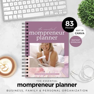 May include: Purple planner with the text "The Essential Mompreneur Planner" and "Business, Family & Personal Organization". The planner has 83 pages and is editable in Canva. A woman is pictured on the cover.