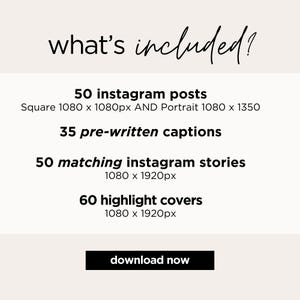 Pu&ograve; includere: Una grafica con il testo "what's included?" e un elenco di prodotti digitali per il marketing sui social media. L'elenco include 50 post di Instagram, 35 didascalie pre-scritte, 50 storie di Instagram corrispondenti e 60 copertine di evidenziazione. La grafica include anche il testo "scarica ora".