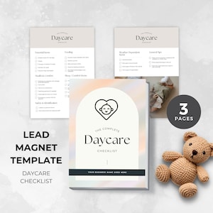 Puede incluir: Una plantilla de lista de verificación para guardería con tres páginas, que incluye elementos esenciales, alimentación, elementos dependientes del clima y consejos generales. El diseño incluye un logotipo de bebé en forma de corazón, un oso de peluche tejido y el texto "The Complete Daycare Checklist."
