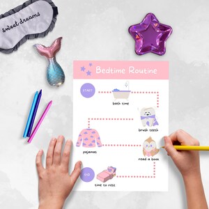 May include: A printable bedtime routine chart with illustrations of a bathtub, toothbrush, pyjamas, a book, and a bed. The chart has the words "START" and "END" and the text "Bedtime Routine".