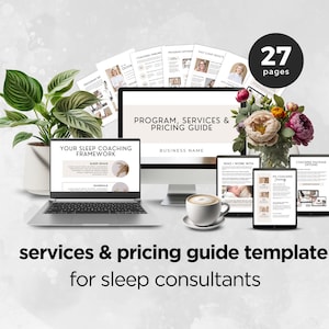 Puede incluir: Una plantilla digital para consultores del sueño para crear una guía de programas, servicios y precios. La plantilla incluye 27 páginas y presenta un diseño moderno con una ilustración floral. El texto de la plantilla dice "Programa, servicios y guía de precios", "Tu marco de entrenamiento del sueño", "Nombre de la empresa" y "Con quién trabajo".