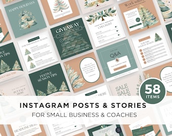 May include: A collection of 58 Instagram post and story templates featuring a green and brown watercolor Christmas tree design. The templates include text boxes for headlines, captions, and calls to action. The text "Instagram Posts & Stories for Small Business & Coaches" is displayed at the bottom of the image.