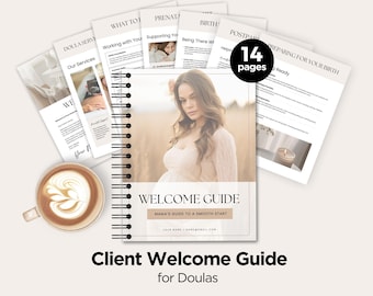 May include: A welcome guide for doulas, with a white cover and black text that reads "Welcome Guide" and "Mama's Guide to a Smooth Start". The cover features a photo of a pregnant woman in a white dress, standing in a field.