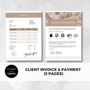May include: A beige and white invoice template with the text "INVOICE" at the top. The invoice includes a table with columns for description, quantity, price, and total. The invoice also includes a section for payment information with accepted payment methods including Apple Pay, PayPal, Google Pay, Credit Card, and Cash. The text "Thank you" is written in cursive at the bottom of the invoice.