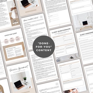 May include: A set of printable documents for a sleep consultant business. The documents include a service agreement, a sleep consultant contract, a client questionnaire, and a sleep assessment. The documents are designed in a minimalist style with a beige background and black text.