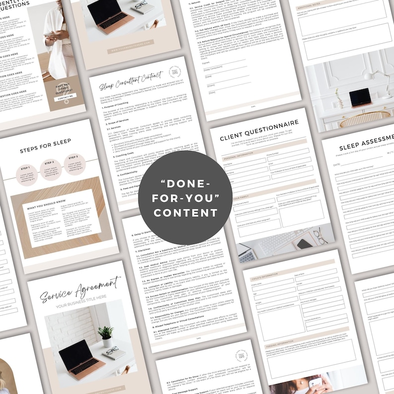 May include: A set of printable documents for a sleep consultant business. The documents include a service agreement, a sleep consultant contract, a client questionnaire, and a sleep assessment. The documents are designed in a minimalist style with a beige background and black text.