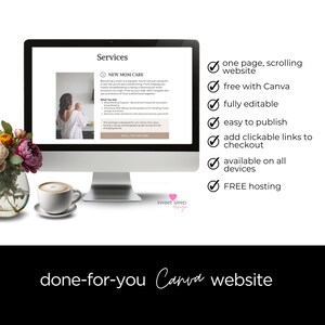 Może przedstawiać: Monitor komputera wyświetla projekt strony internetowej z tekstem "Services" i "New Mom Care". Dodatkowy tekst obejmuje "one page, scrolling website", "free with Canva" i "done-for-you Canva website".