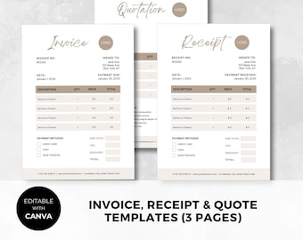 Invoice, Receipt & Quote Template Set | Editable in Canva | Custom Order Form | Small Business Printable | Digital Instant Download | SS002
