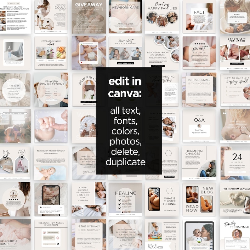 Pu&ograve; includere: Un collage di 25 modelli di post di Instagram per un'attivit&agrave; di doula post-partum. I modelli presentano una tavolozza di colori neutri beige, bianco e nero con immagini di neonati e genitori. Il testo sui modelli include argomenti come l'allattamento al seno, la cura del neonato, il recupero post-partum e altro ancora. Il testo "edit in canva: all text, fonts, colours, photos, delete, duplicate" &egrave; sovrapposto all'immagine.