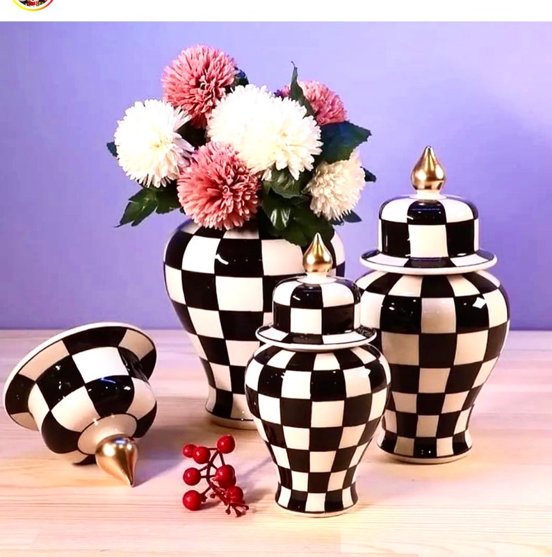 Checkered Ginger Jar Vase Set of 3 Large Vase Medium Vase Etsy