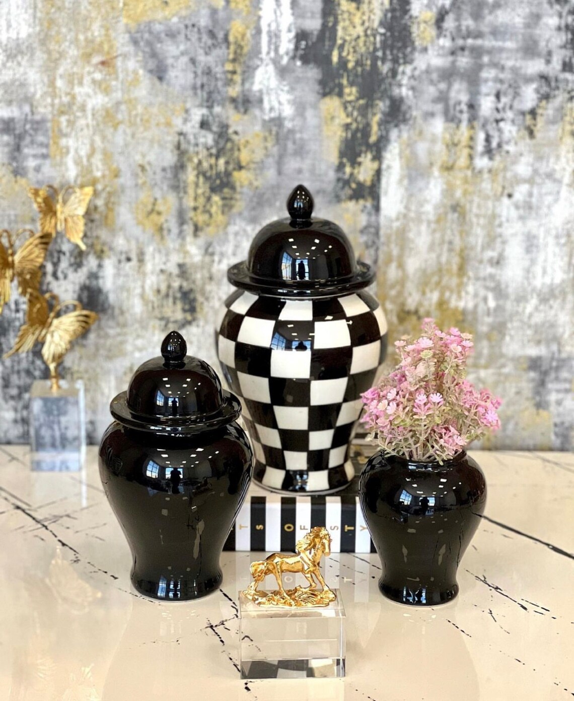 Black and White Checkered Ginger Jar Set , Ceramic Checkered Vase With
