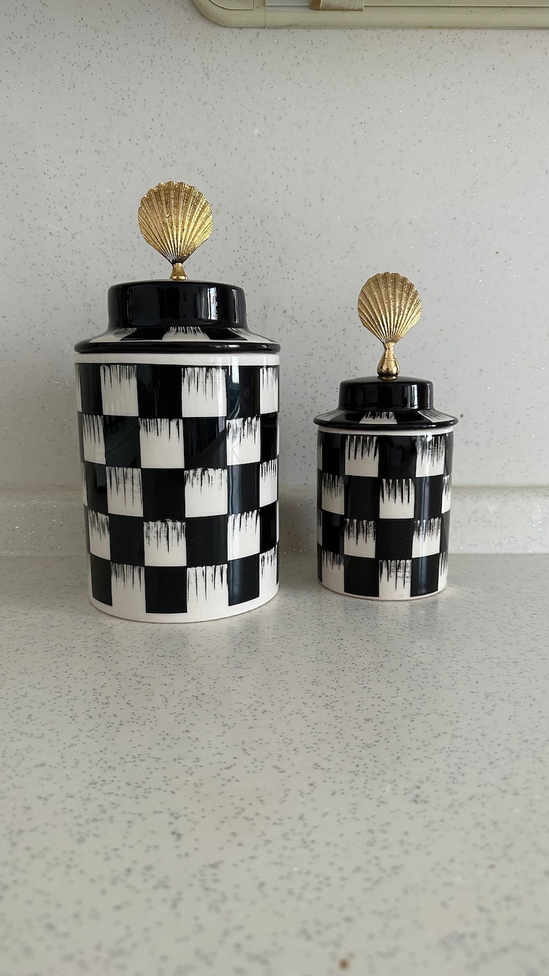 Checkered Ginger Jar, Ceramic Jar Set of 2, Jar With Lid, Red Ginger ...