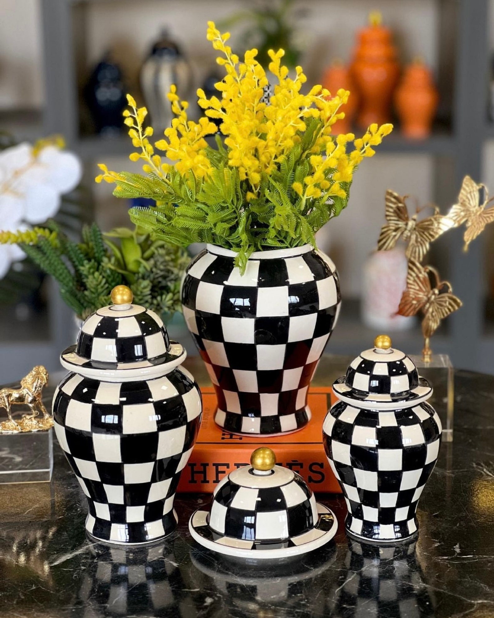 Black and White Checkered Ginger Jar Set , Ceramic Checkered Vase With
