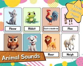 Montessori Animal Sounds Flashcards - 16 cartes numériques imprimables, activité d'apprentissage pour enfants, modifiables + 2 pages à colorier gratuites