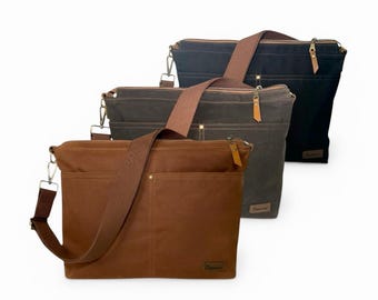 Handmade Waxed Canvas Crossbody Bag, Water-Resistant Travel Shoulder Purse, Unisex Laptop Bag