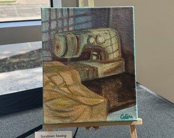 Original Acrylic Painting – "Sundown Sewing" – 10x8x2 inches – Sewing Machine Quilting a Quilt