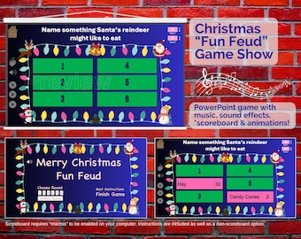 May include: A Christmas-themed "Fun Feud" game show displayed on a screen, featuring a blue background with festive decorations. The game includes questions, answers, and a scoreboard. The PowerPoint game has music, sound effects, and animations.
