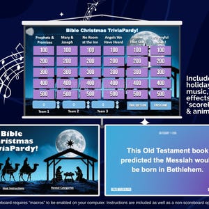 Puede incluir: Un juego de trivia digital titulado "Bible Christmas TriviaPardy!" con un tema azul y morado. El juego incluye una pizarra, música navideña, efectos de sonido y animaciones. El juego presenta preguntas sobre la Biblia y la Navidad.