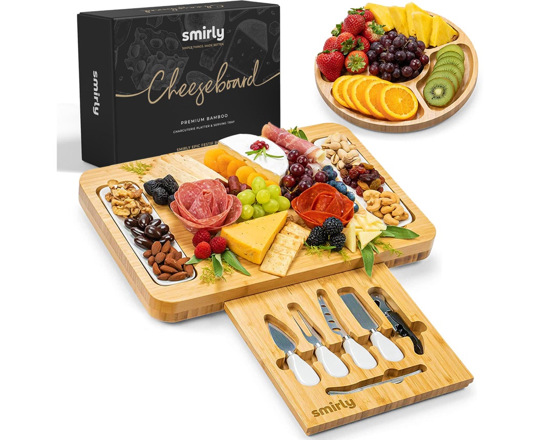 SMIRLY Bamboo Cheese Board and Knife Set Large Charcuterie Boards