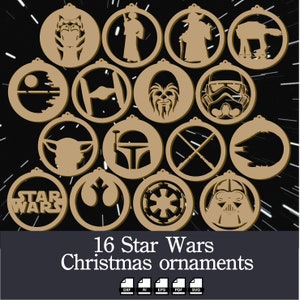 Enfeites de Natal com tema de Star Wars, arquivos cortados a laser, 16 silhuetas relacionadas a Star Wars como enfeites de Natal