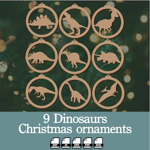 Enfeites de Natal de dinossauros, arquivos cortados a laser, 9 silhuetas relacionadas a dinossauros como enfeites de Natal