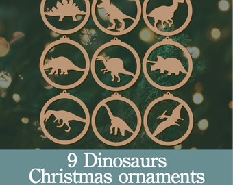 Dinosaur Christmas ornaments, Laser cut files, 9 Dinosaur related silhouettes as Christmas ornaments