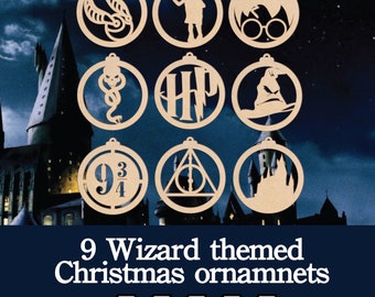 Wizard themed Christmas ornaments, Laser cut files, 9 wizard themed related silhouettes as Christmas ornaments