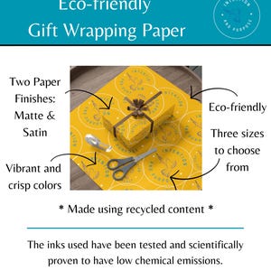 May include: Eco-friendly gift wrapping paper in a mustard yellow color with a repeating circular pattern. The image shows a wrapped gift with a brown ribbon, scissors, and tape. The text on the image says "Eco-friendly" and "Made using recycled content."