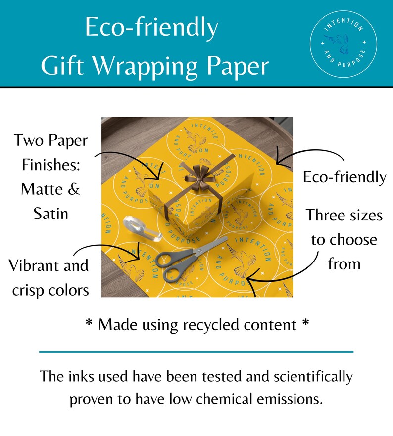 May include: Eco-friendly gift wrapping paper in a mustard yellow color with a repeating circular pattern. The image shows a wrapped gift with a brown ribbon, scissors, and tape. The text on the image says "Eco-friendly" and "Made using recycled content."