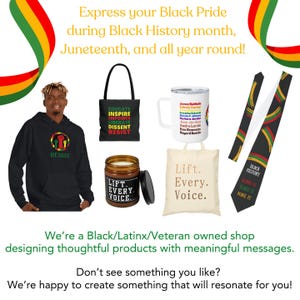 May include: An assortment of products with Black History themes. Includes a black hoodie with "RESIST" text, tote bag with "EDUCATE INSPIRE LIBERATE DISSENT RESIST", a mug with names, a candle, a tote bag with "Lift. Every. Voice.", and ties.