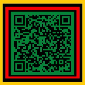 May include: A square QR code with a green center, black pixels, and a red border, set against a yellow background. The QR code is a digital matrix of black and green squares.