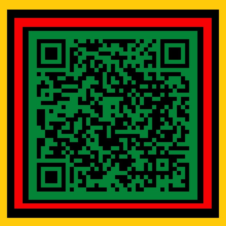 May include: A square QR code with a green center, black pixels, and a red border, set against a yellow background. The QR code is a digital matrix of black and green squares.